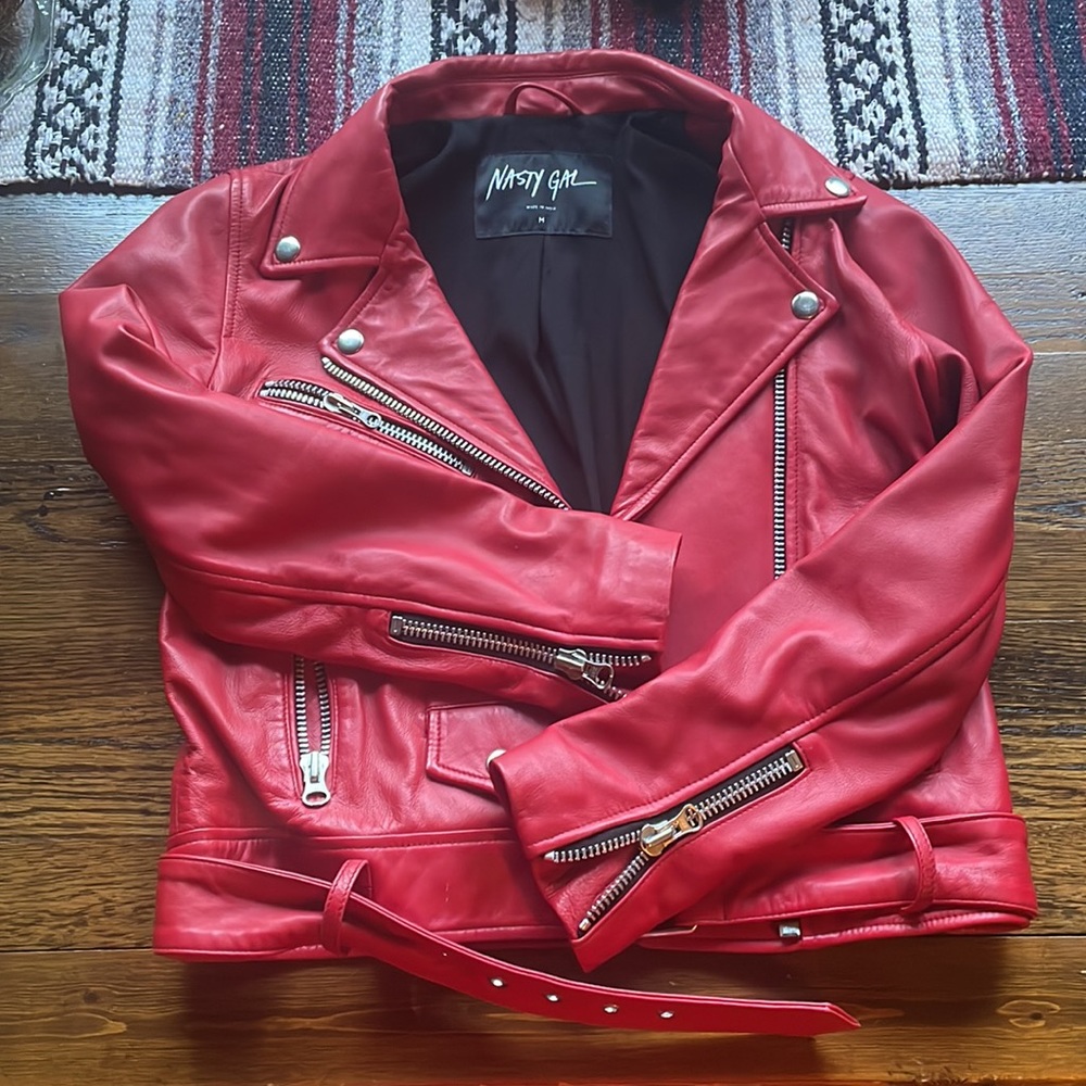 Nasty Gal Red Leather Moto Jacket Genuine Leather